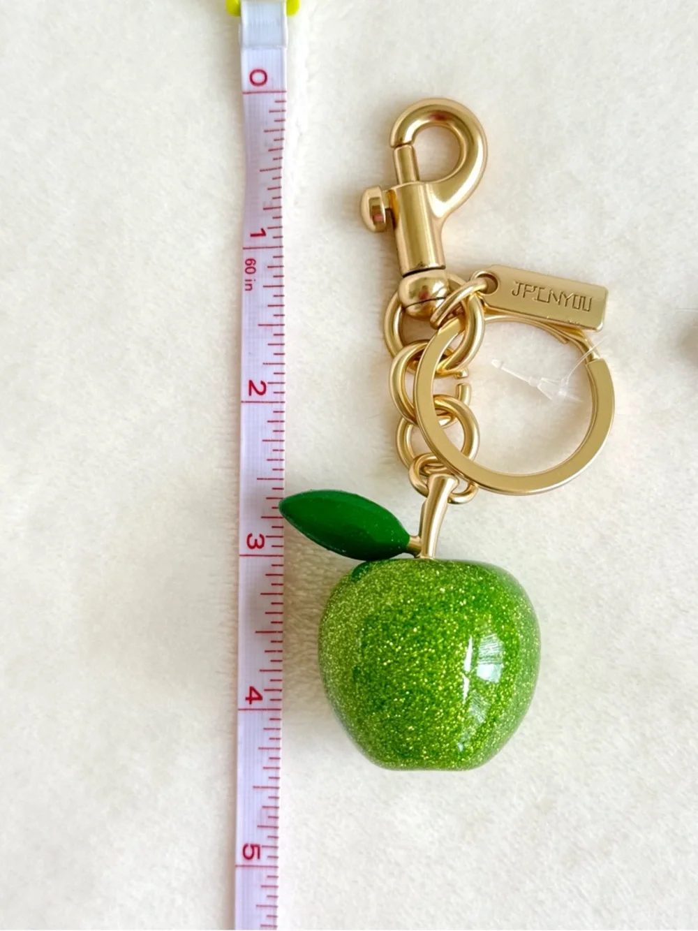 Green Glitter Apple Key Chain / Bag Charm w/ Gold Hardware